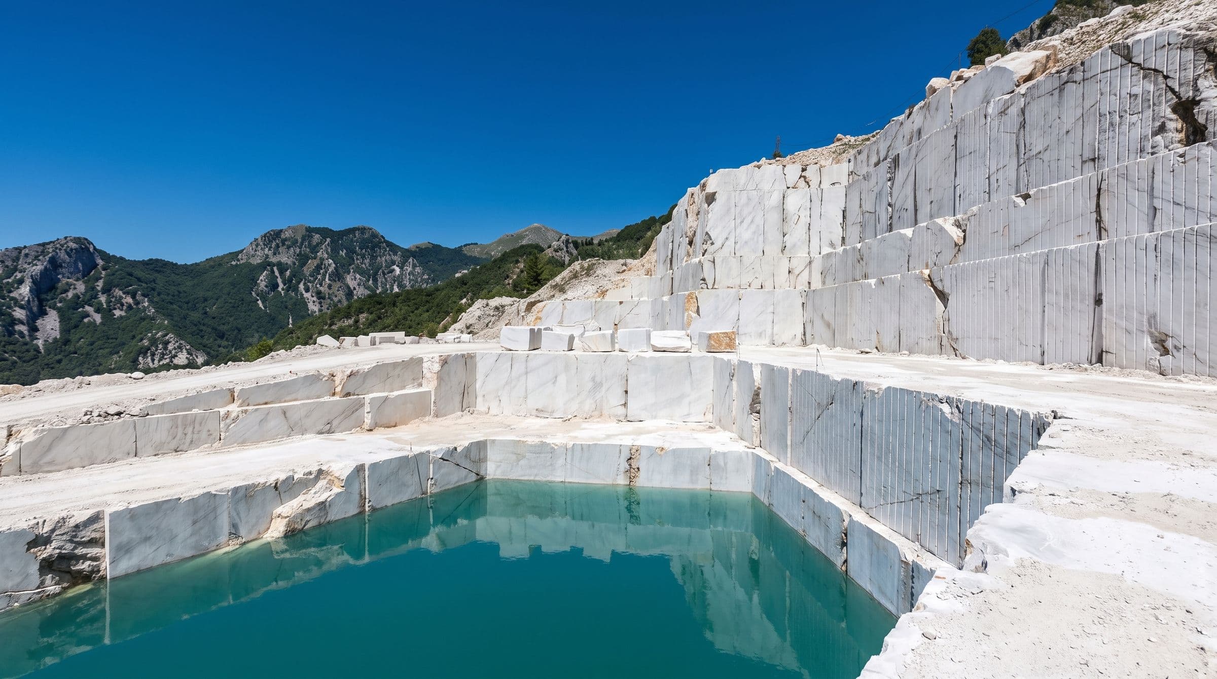 A marble quarry with a pool of turquoise water
