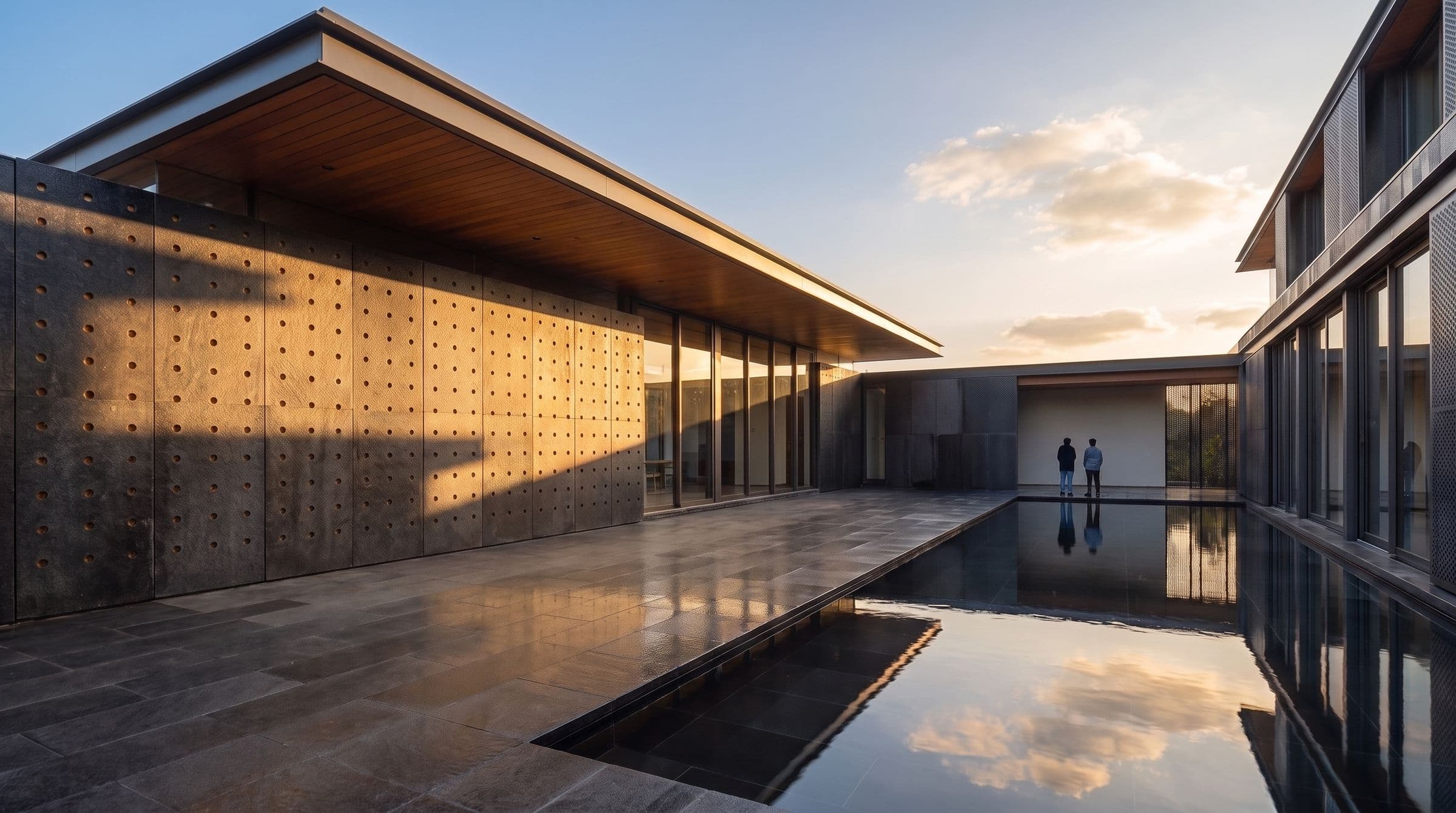 A courtyard house at golden hour, black granite floor into a reflecting pool