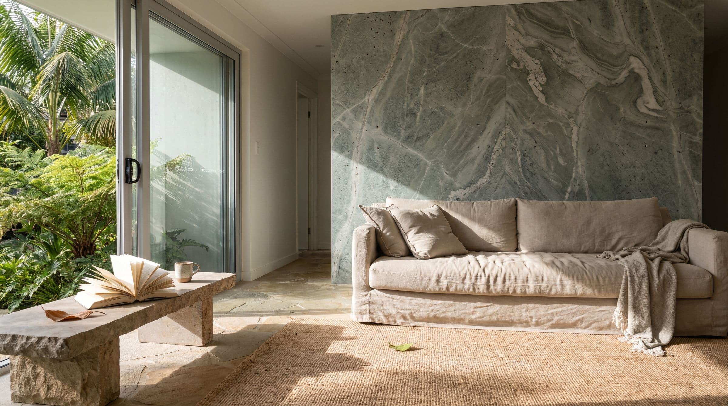A bright living room with a quartzite feature wall, morning light through a garden
