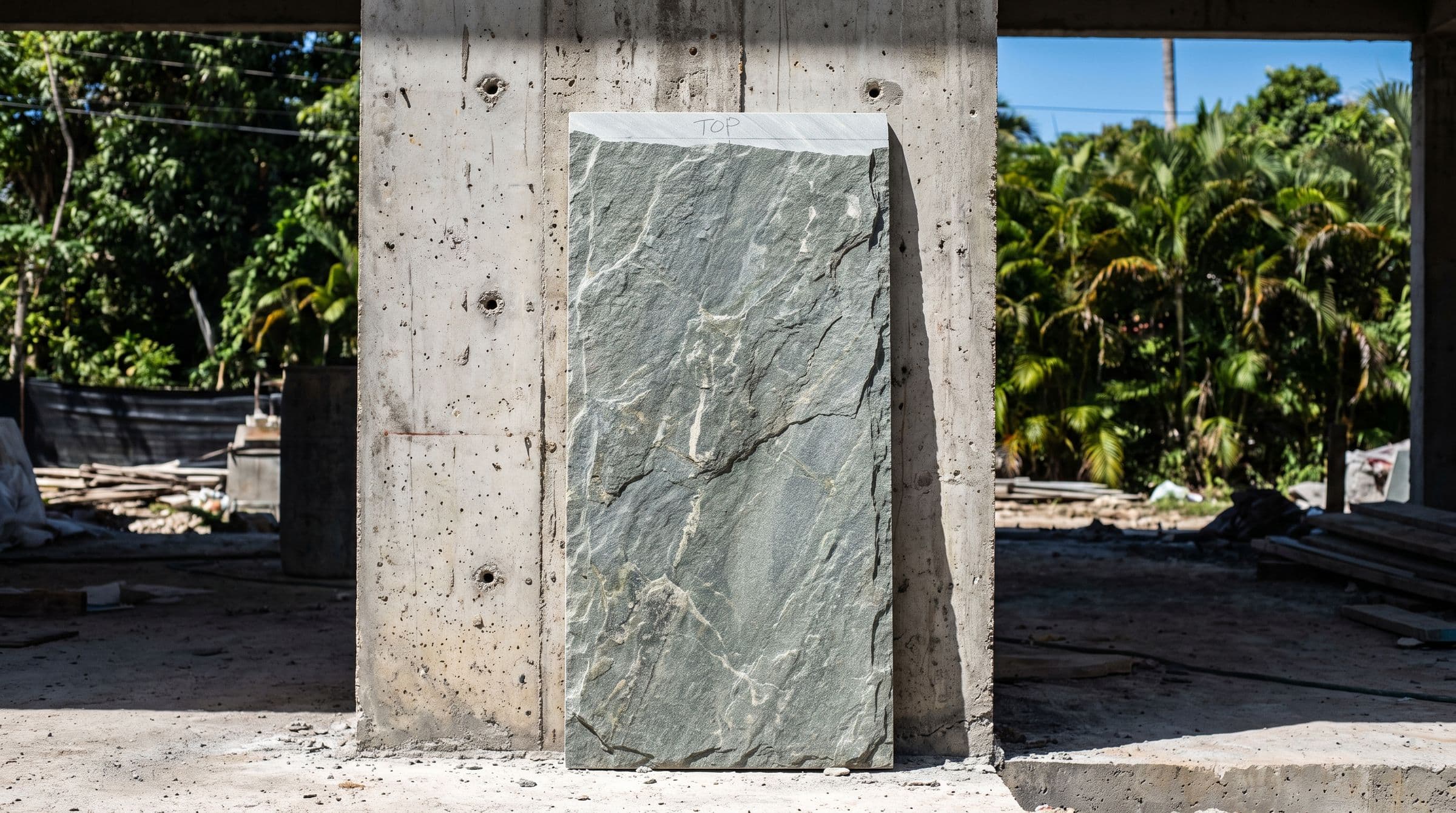 A single stone panel standing on site at midday